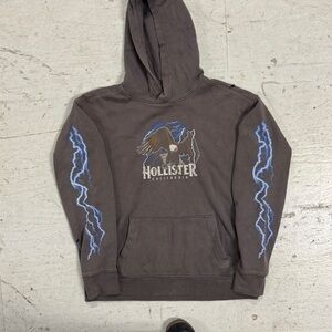 Hollister Men's Dark Brown Hoodie with Blue Lightning